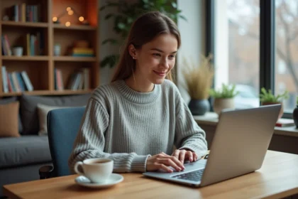 Jeune femme active gérant ses finances personnelles sur un ordinateur portable dans son appartement moderne