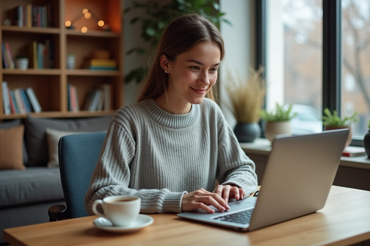 Jeune femme active gérant ses finances personnelles sur un ordinateur portable dans son appartement moderne