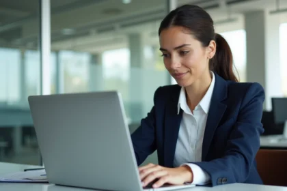 Jeune femme en bureau avec calculatrice en ligne