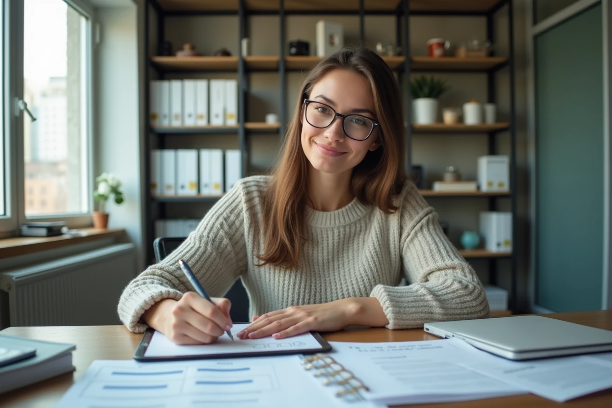 Jeune femme étudiant la fiscalité avec documents et tablette