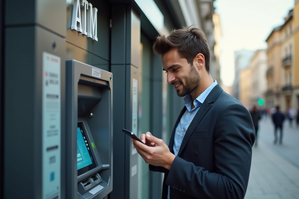 Jeune homme utilisant un distributeur automatique en ville
