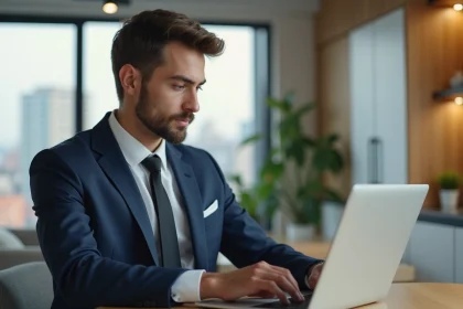 Jeune homme en costume travaillant sur son ordinateur dans un appartement lumineux