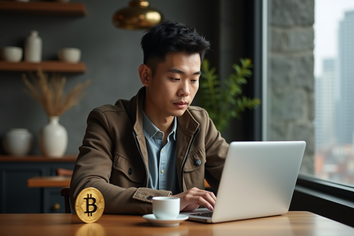 Jeune homme chinois avec Bitcoin et ordinateur dans un café