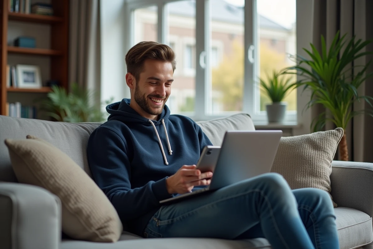 Jeune homme relaxant chez lui avec ordinateur et smartphone