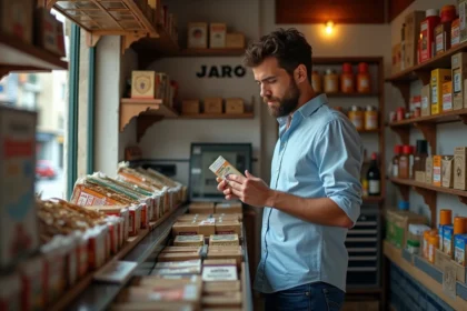 Jeune homme regardant un sachet de tabac dans un magasin espagnol