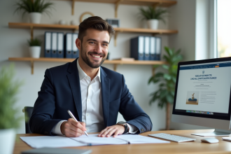 Jeune homme en bureau moderne remplissant des documents financiers