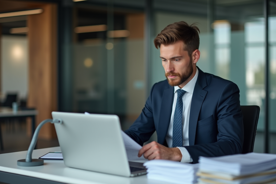 Jeune homme en costume dans un bureau moderne