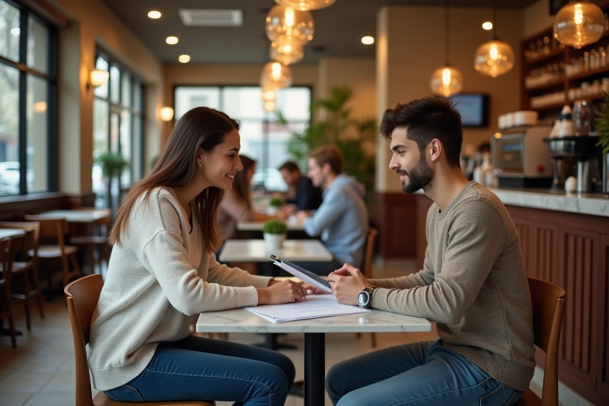 Deux jeunes actifs discutant de leur stratégie d'épargne autour d'une tablette dans un café parisien