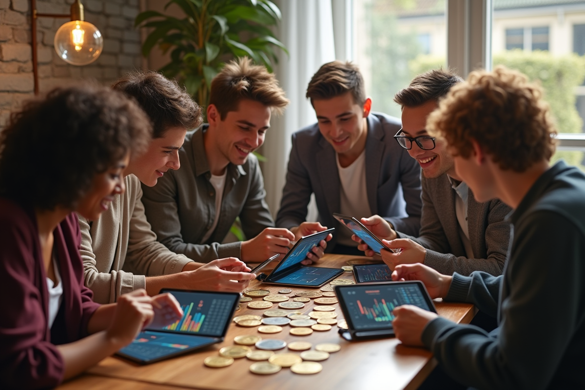 Jeunes analysant des tokens numériques sur une tablette en groupe