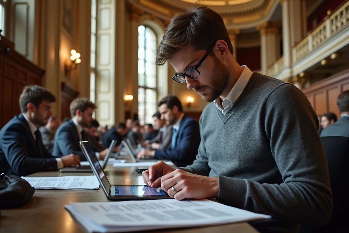 Journaliste analysant les déclarations de fortune d'un député français dans la galerie de presse de l'Assemblée Nationale