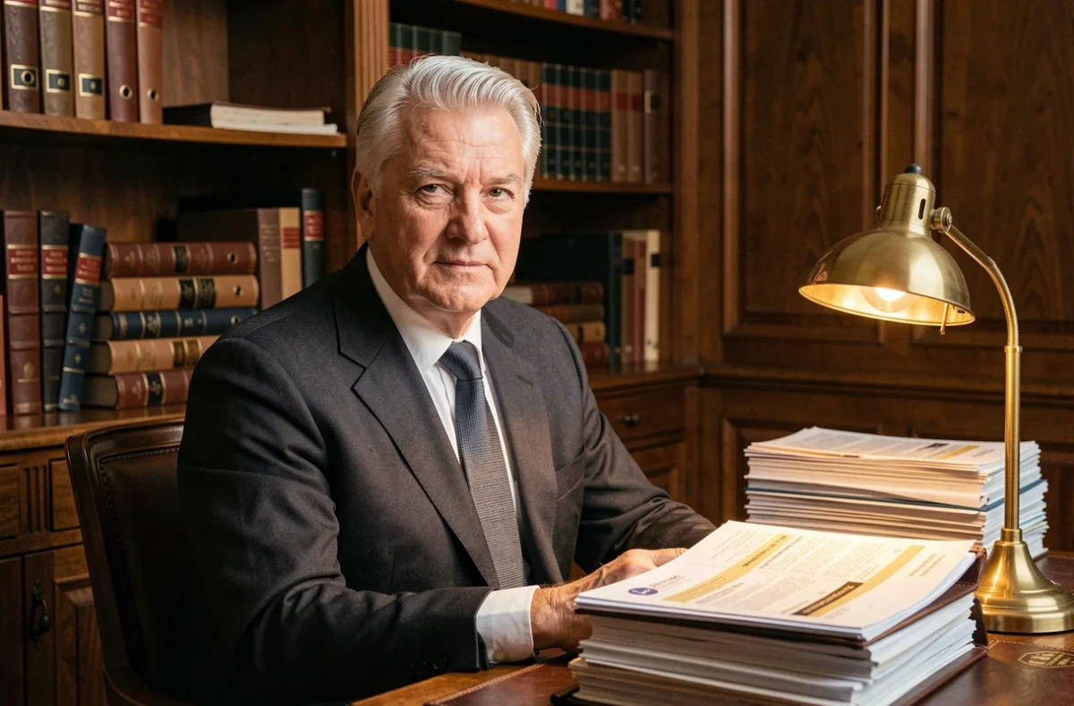 Courtier expérimenté Claude Karoubi dans un bureau classique avec dossiers d'assurance en cuir