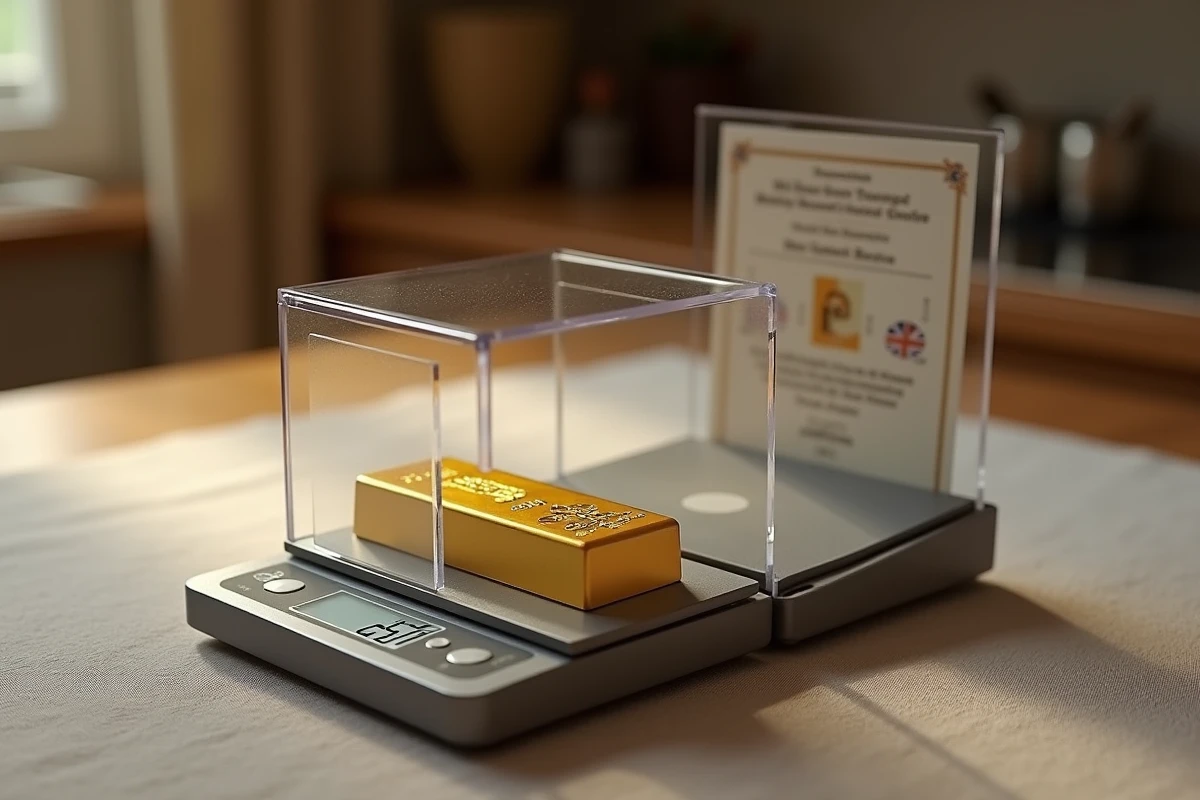Lingot d'or 250g dans son étui sécurisé transparent posé sur une balance de précision avec certificat de prix imprimé