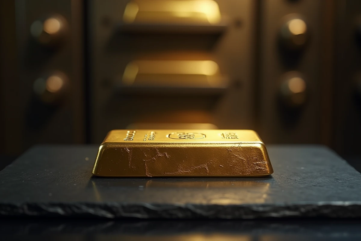 Lingot d'or 250g posé sur une surface en ardoise sombre dans un coffre bancaire, gravures officielles visibles