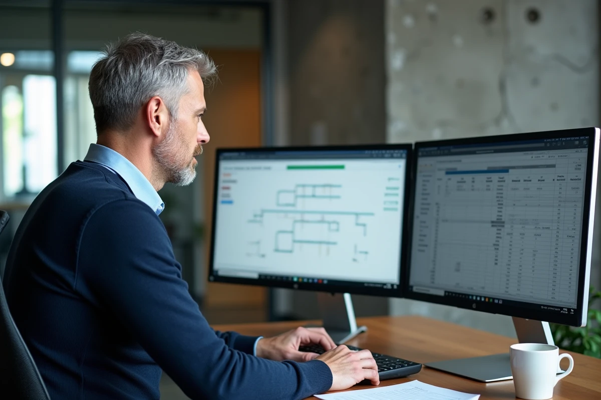Professionnel de la comptabilité paramétrant un logiciel avec le plan comptable général ANC 2026 sur ordinateur
