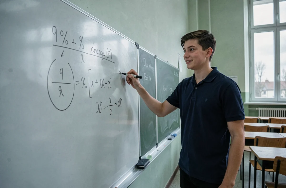 Lycéen expliquant la formule du taux d'évolution au tableau blanc dans une salle de classe