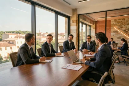 Bureau de gestion de patrimoine moderne en Occitanie avec des conseillers financiers en réunion