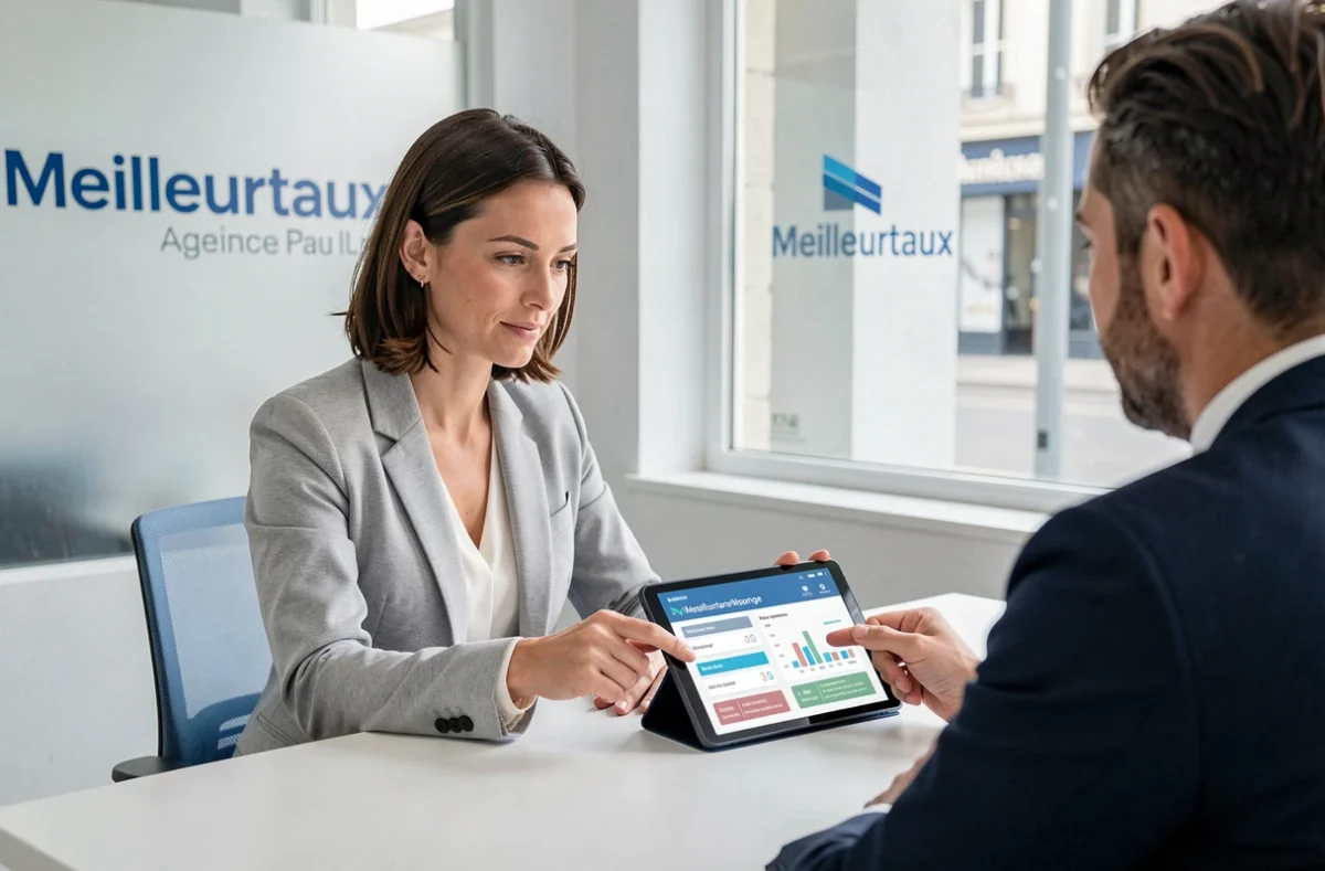 Conseillère de l'agence Meilleurtaux de Pau présentant des comparatifs d'assurance à un client