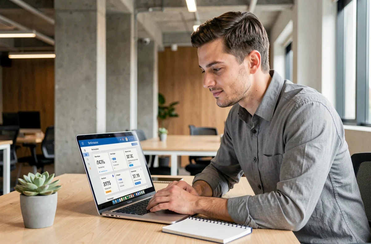 Conseiller Meilleurtaux comparant des offres de rachat de crédit sur ordinateur portable dans un espace de travail moderne