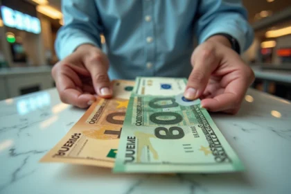 Billets de dirhams émiratis, euros et dollars américains tenus à la main dans un bureau de change à Dubaï