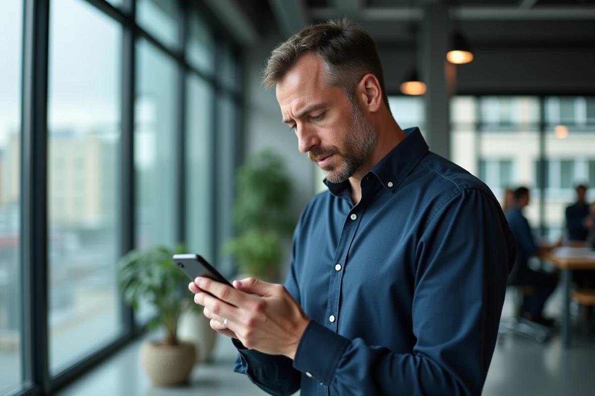 Homme en bureau consultant le numéro de téléphone de Boursorama sur son smartphone avant d'appeler