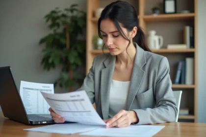 Femme consultante analysant des fiches de salaire et documents fiscaux sur un bureau en bois dans un bureau à domicile moderne