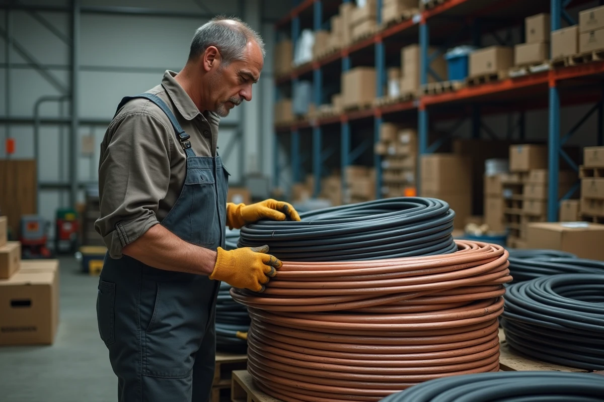 Homme en tenue de travail examinant des bobines de câble cuivre