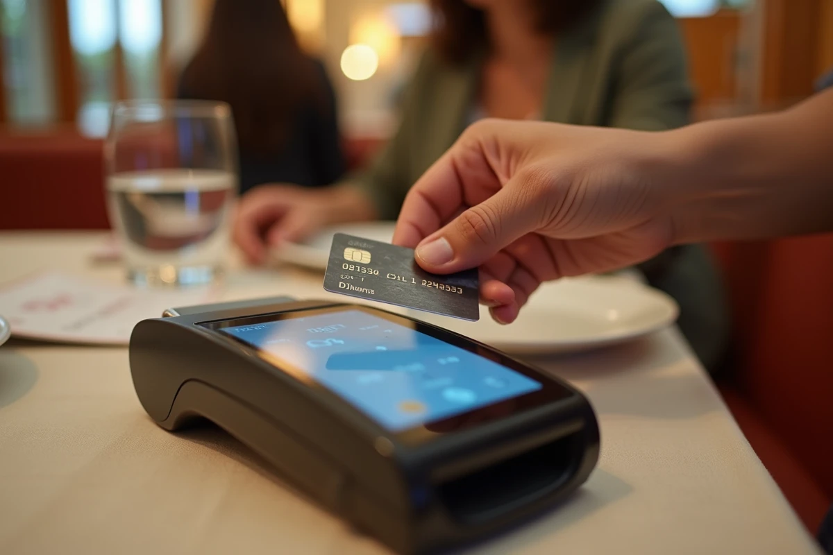 Paiement par carte bancaire en dirhams sur un terminal de paiement dans un restaurant à Abou Dhabi