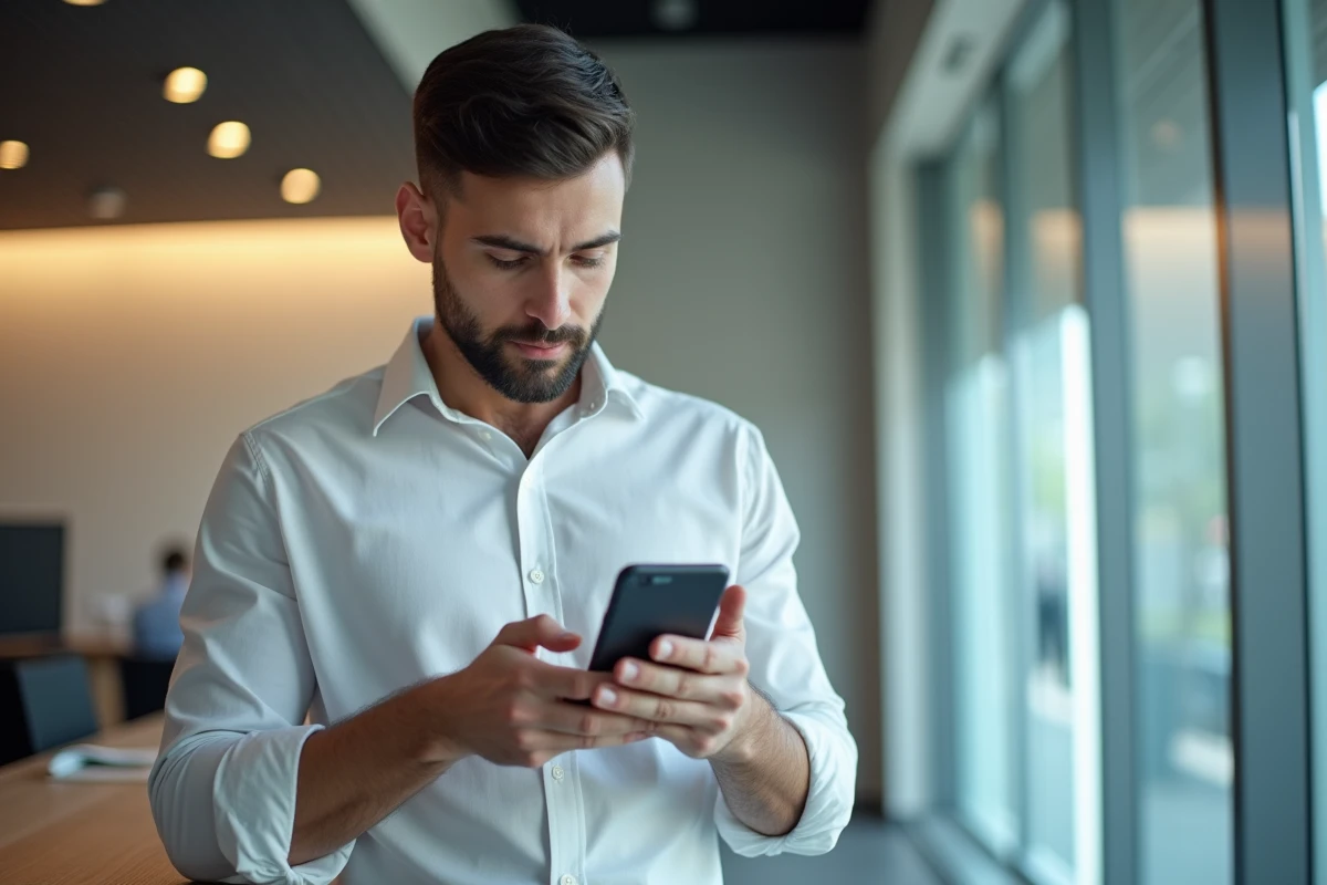 Jeune homme utilisant l'application sécurisée LCL sur son smartphone dans une agence bancaire moderne