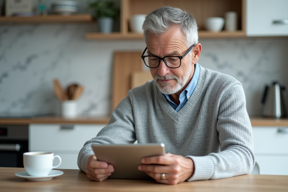 Homme âgé consultant ses questions fréquentes sur l'espace sécurisé LCL via une tablette dans sa cuisine