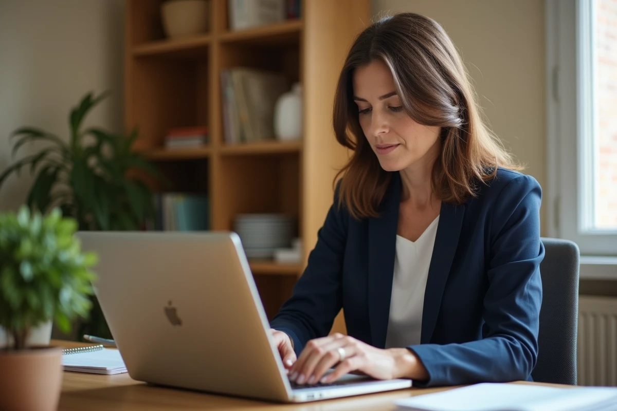 Femme consultant son espace particulier LCL sécurisé sur un ordinateur portable dans un bureau à domicile