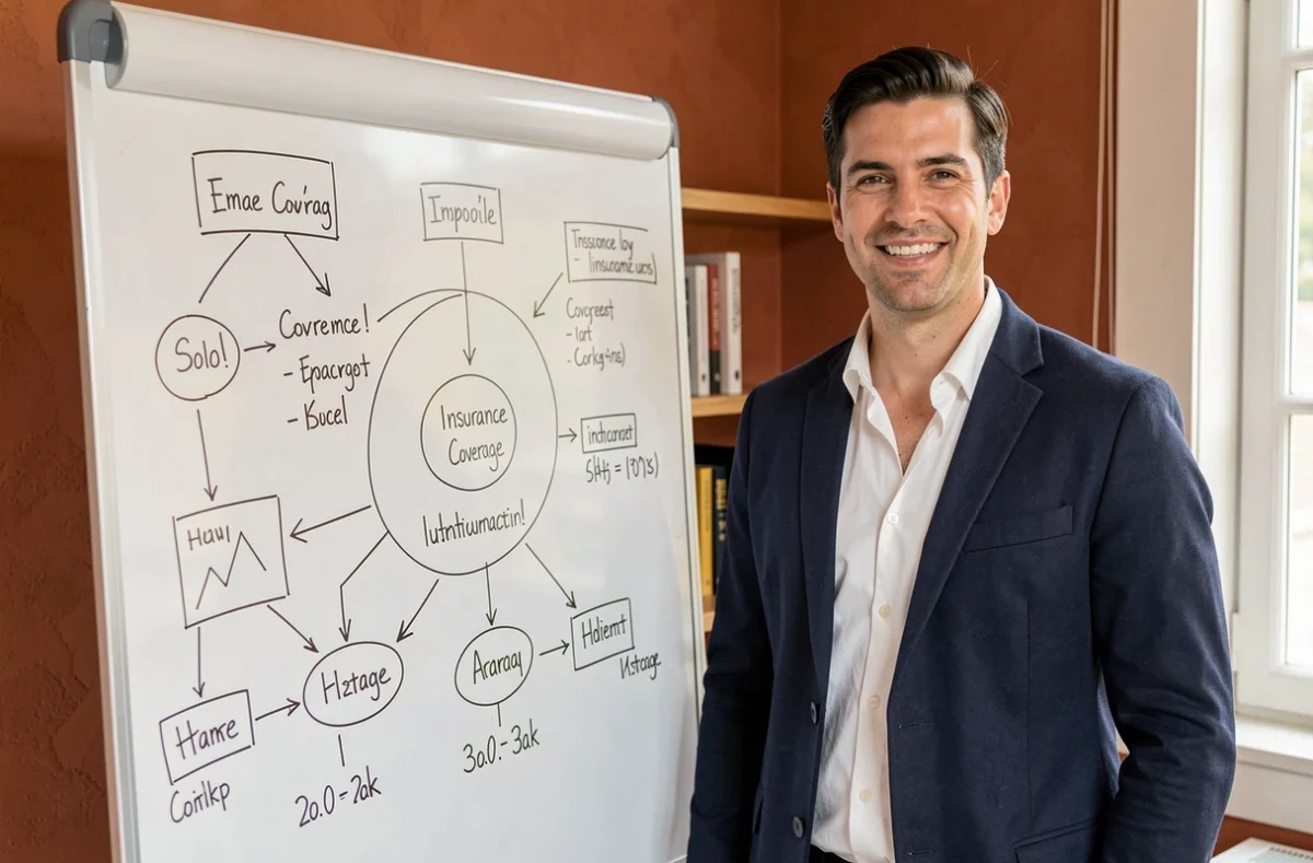 Courtier Peio Azcona présentant des schémas d'assurance sur un tableau blanc dans son bureau basque
