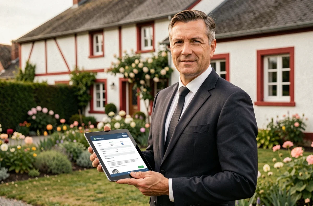 Courtier de PG Immo Courtage devant une maison basque typique tenant un document d'assurance immobilière