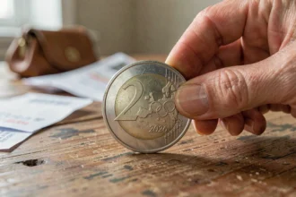 Pièce de 2 euros commémorative Jeux Olympiques 2026 tenue entre les doigts d'une femme sur une table en bois, détails du relief visibles en gros plan