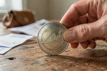 Pièce de 2 euros commémorative Jeux Olympiques 2026 tenue entre les doigts d'une femme sur une table en bois, détails du relief visibles en gros plan