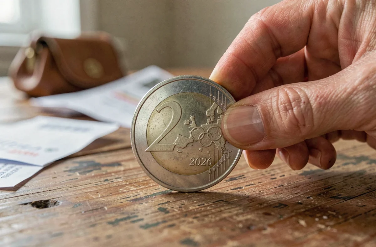 Pièce de 2 euros commémorative Jeux Olympiques 2026 tenue entre les doigts d'une femme sur une table en bois, détails du relief visibles en gros plan