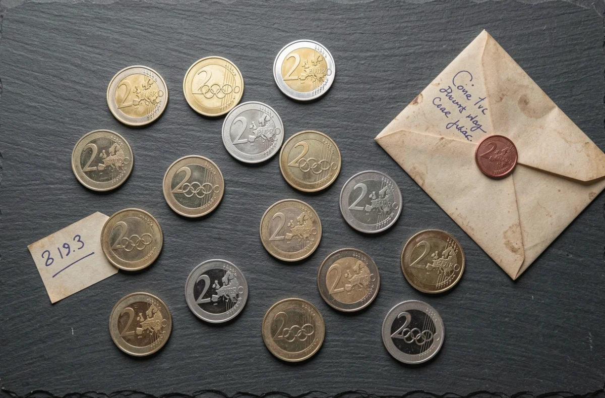 Plusieurs pièces de 2 euros commémoratives Jeux Olympiques 2026 disposées sur une surface en ardoise avec étiquette de prix et pochette de collection