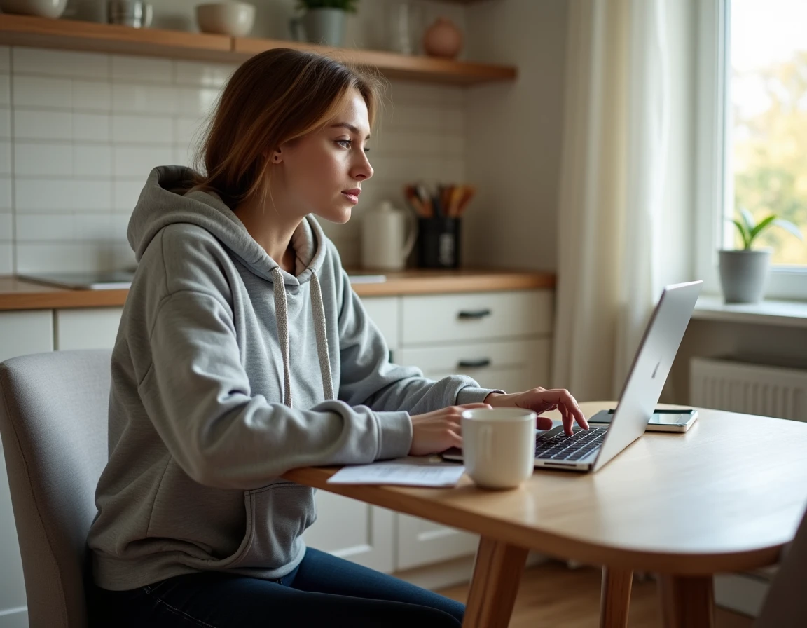 Jeune femme planifiant ses trajets domicile-travail avec des chèques vacances essence sur son ordinateur portable dans une cuisine