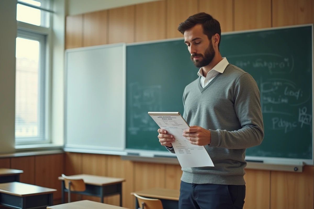 Professeur analysant sa fiche de paie et un simulateur de salaire sur tablette dans une salle de classe vide