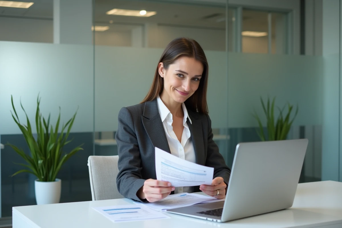 Professionnelle libérale analysant des relevés bancaires professionnels dans un bureau moderne, thème gestion financière indépendante