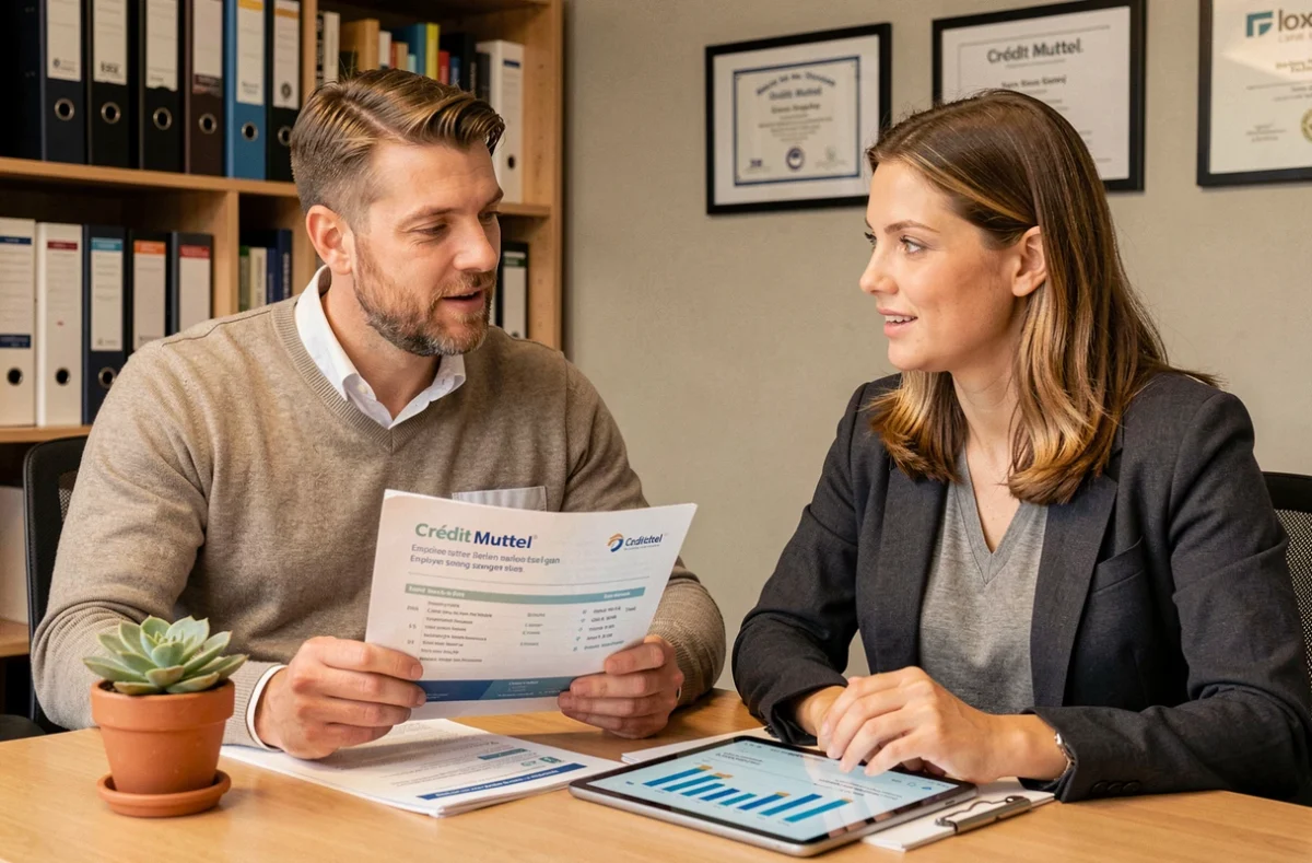 Deux professionnels RH consultant un document Crédit Mutuel sur l'épargne salariale dans un bureau d'entreprise