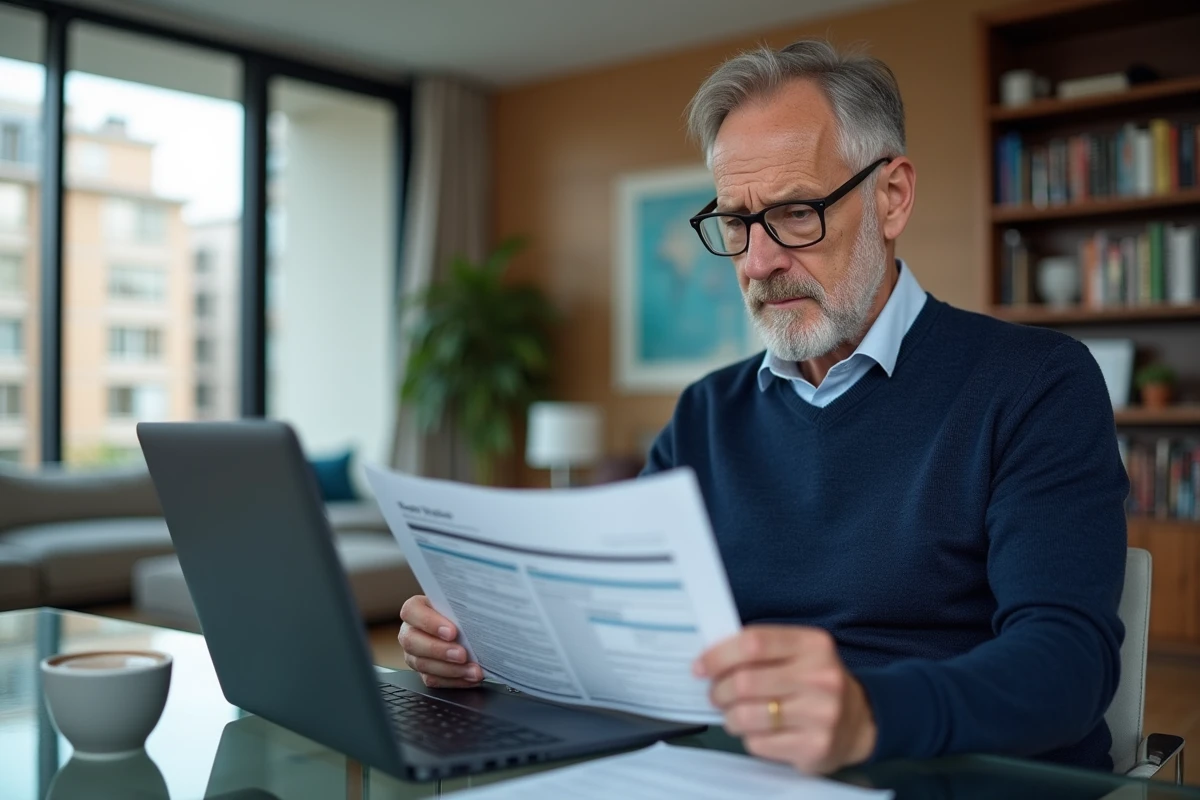 Propriétaire bailleur consultant sa déclaration de revenus fonciers en micro-foncier sur ordinateur portable dans un appartement moderne