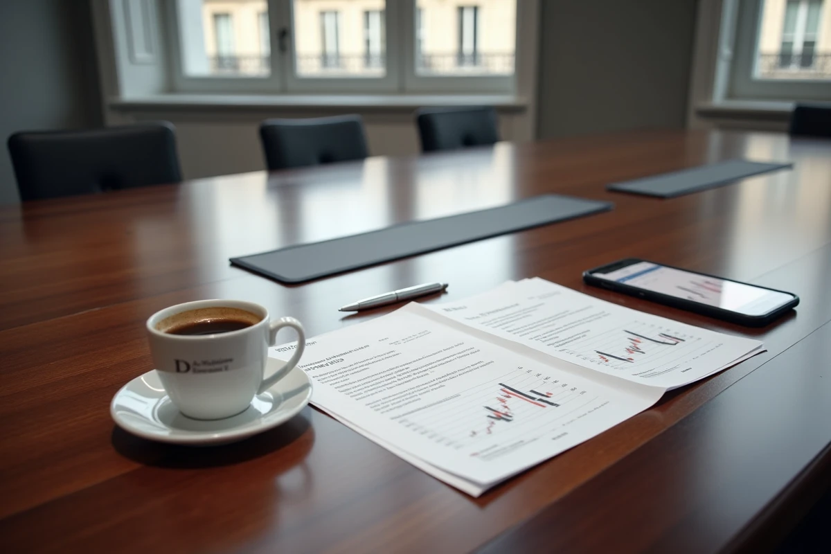 Rapport financier Christian Dior sur une table de bureau parisienne avec graphique boursier et stylo plume