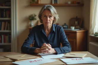 Femme inquiète tenant une lettre de refus du capital décès de la CPAM sur une table couverte de documents administratifs