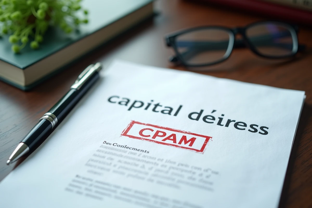 Gros plan d'une lettre officielle de refus du capital décès CPAM avec tampon rouge et stylo posé sur le document