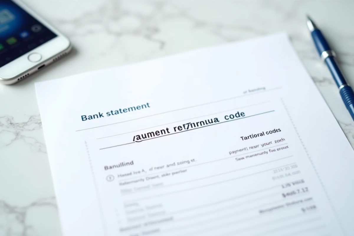 Relevé bancaire imprimé avec une ligne de versement surlignée posé sur une surface en marbre avec stylo et smartphone