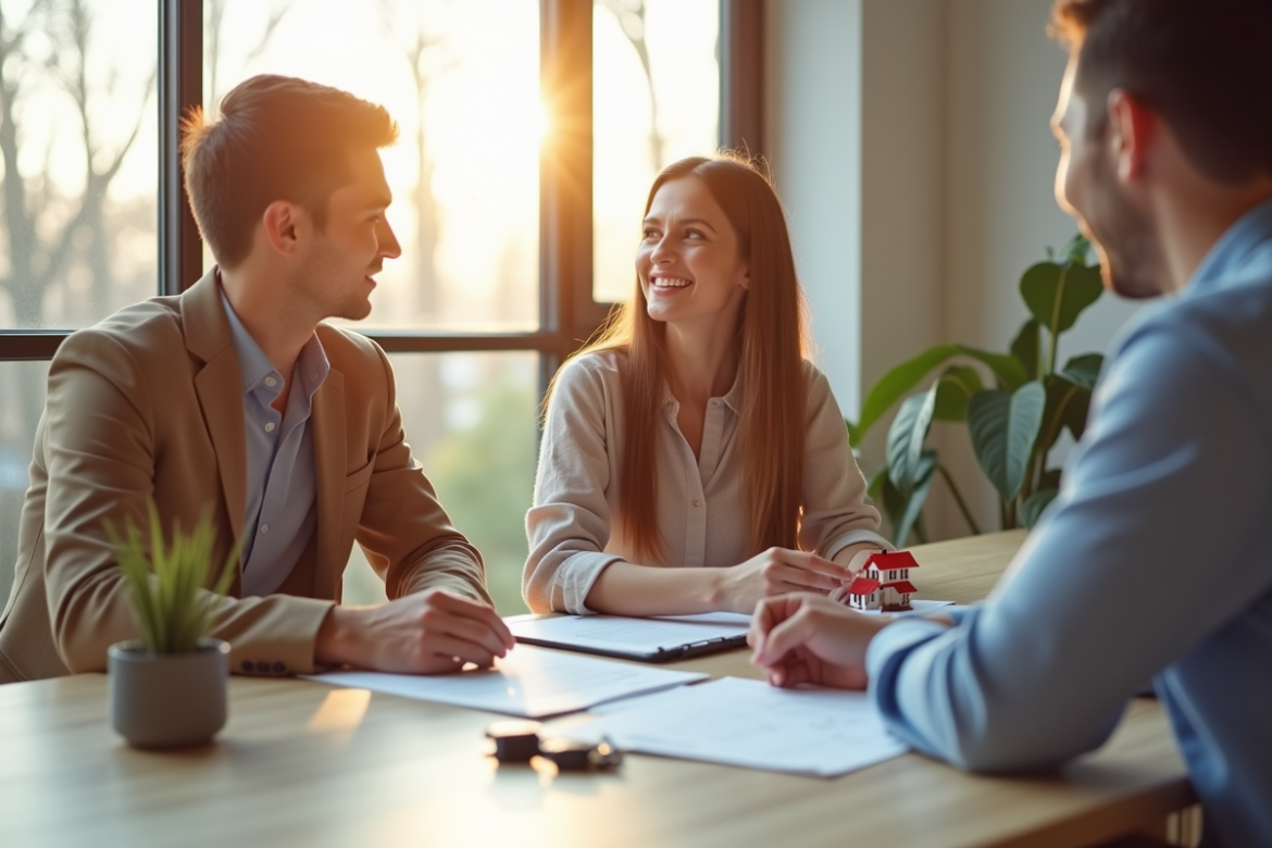 Jeune couple avec agent immobilier dans un bureau lumineux