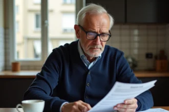Retraité examinant ses relevés de pension et documents fiscaux CSG à sa table de cuisine en 2026