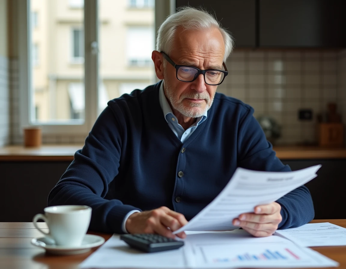 Retraité examinant ses relevés de pension et documents fiscaux CSG à sa table de cuisine en 2026