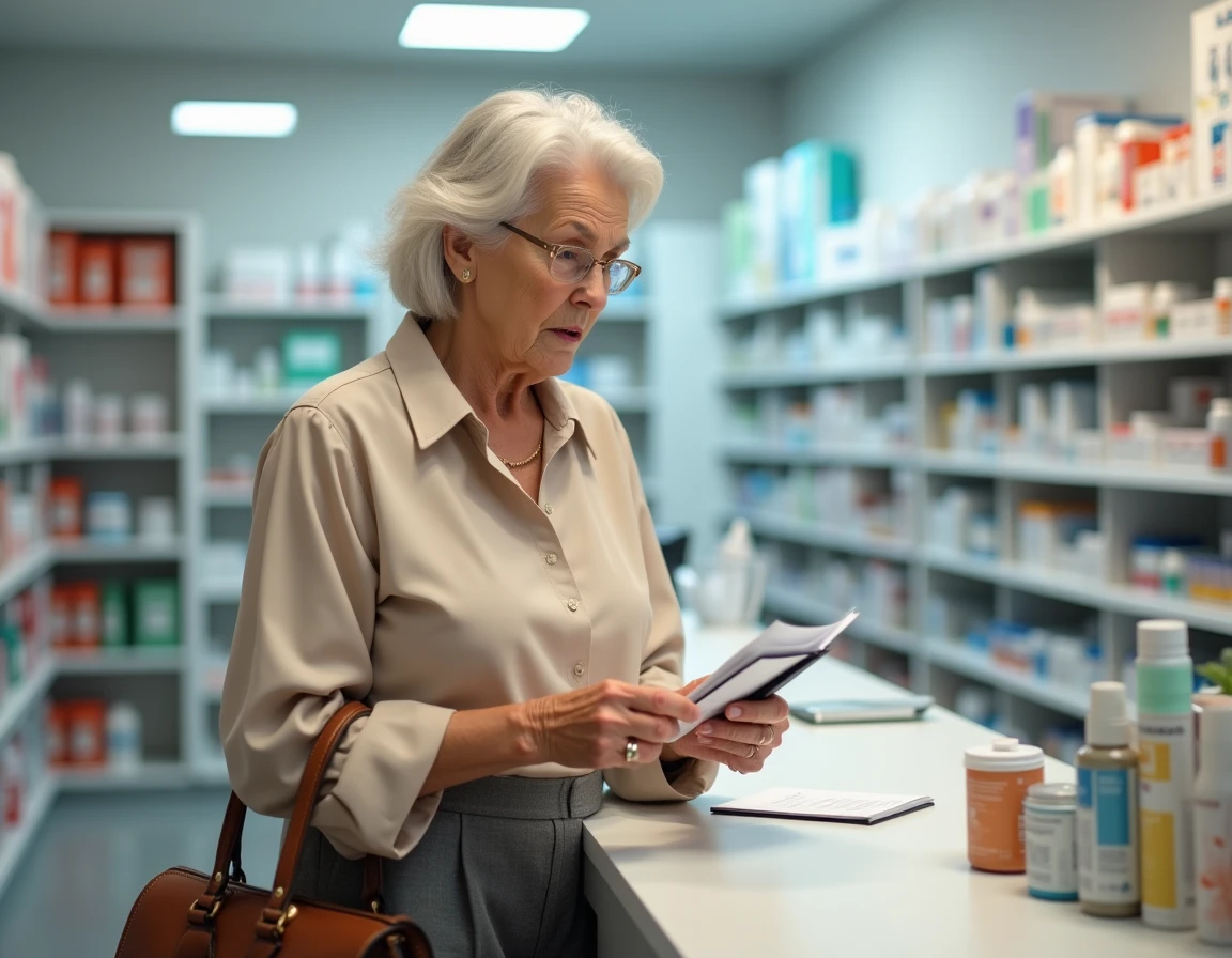 Retraitée vérifiant ses dépenses de santé en pharmacie face à la hausse de la CSG sur les retraites