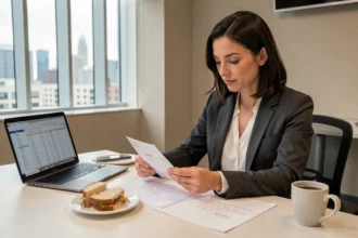 Salariée en pause déjeuner calculant ses frais de repas avec des reçus et un ordinateur portable sur son bureau